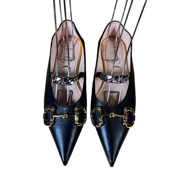 Gucci Deva Horsebit Mary Jane Chain Ballerina Flats Black Leather EU 38 US 8 - Picture 2 of 12
